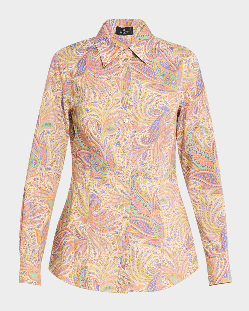 Neutral Romantic Foliage Cotton Poplin Button-Front Blouse